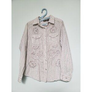 APW Womens Sz L Shirt Long Sleeve Pearl Snap Front Stripe Multicolor Loop Accent